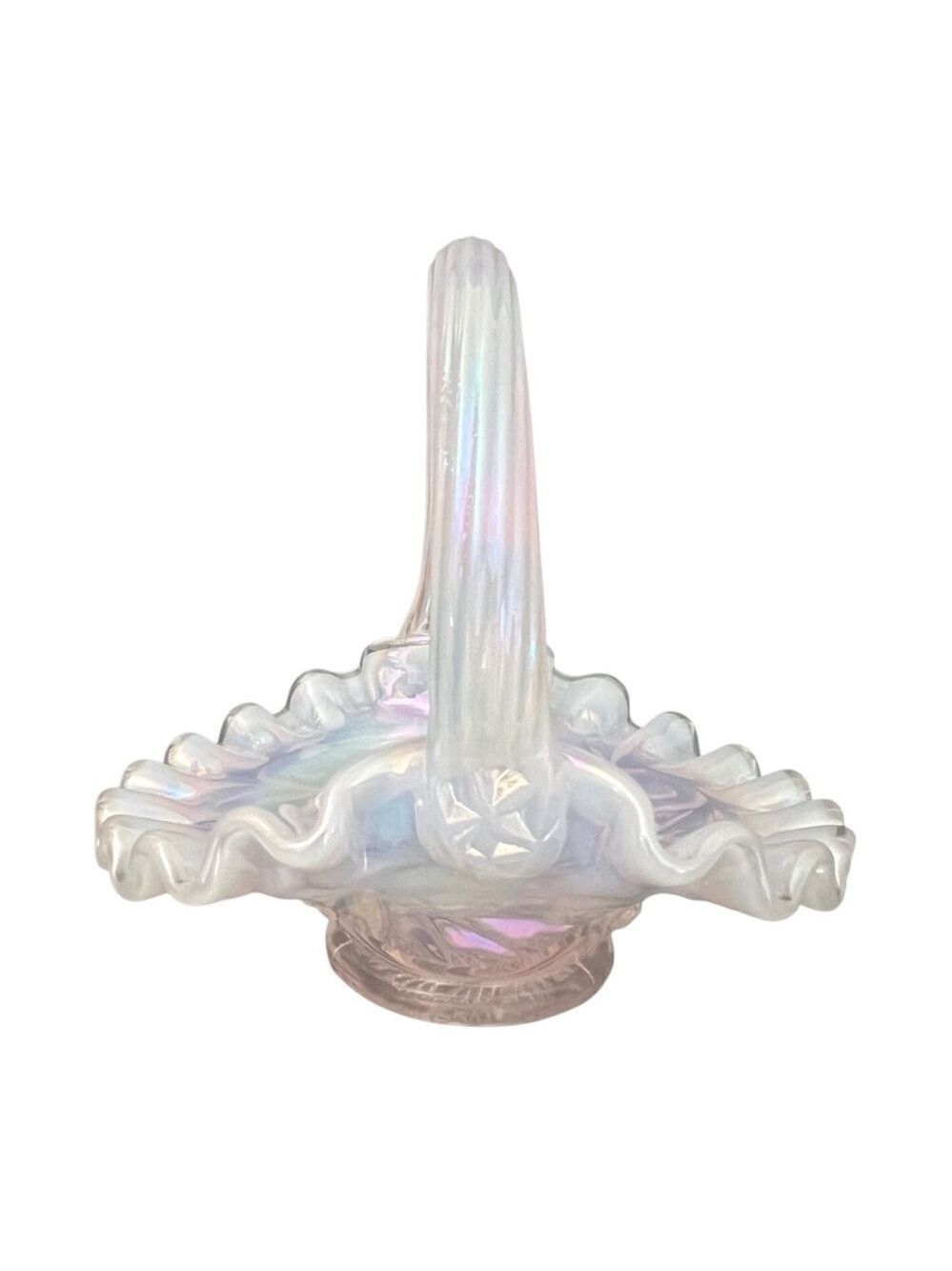 Fenton Miniature Pink Opalescent Glass Ruffled Flower Basket 4 x 3 x 4